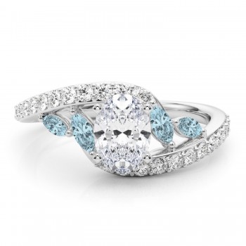 Swirl Design Lab Grown Diamond & Marquise Lab Aquamarine Engagement Ring 14K White Gold (0.63ct)